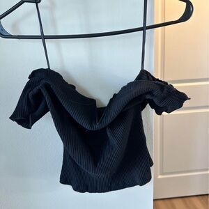 Black Off-Shoulder Ribbed Crop Top - Women